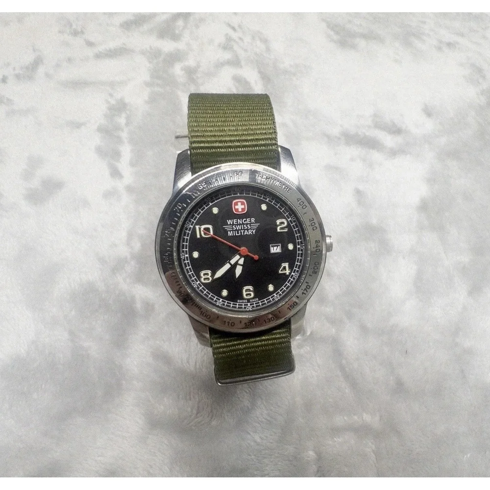Wenger Swiss Military Mens 38mm Watch Black Dial Tachymeter New Battery Strap